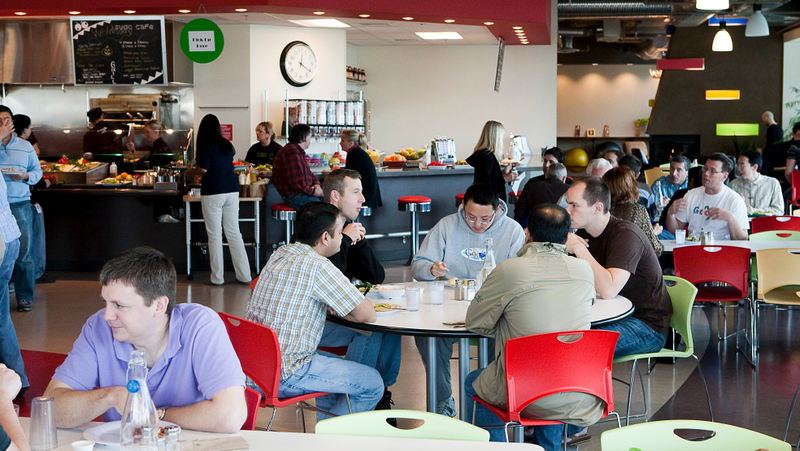 Google employees and contractors fill the cafeteria at Google Kirkland in 2009.